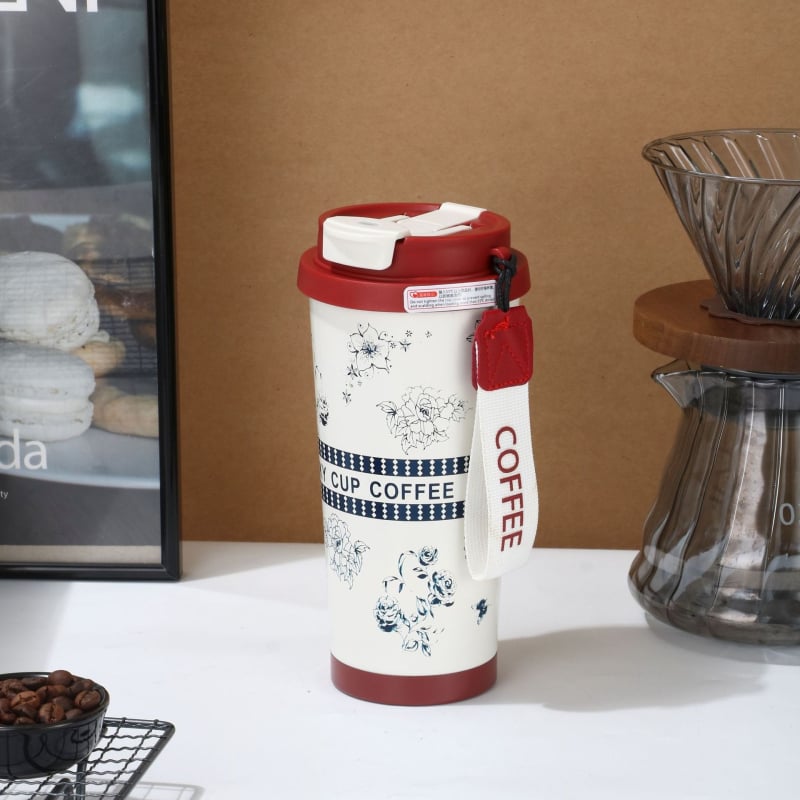Lily of the Valley 316 din oțel inoxidabil, cană termo cu pai și bretea de purtare, cadou cafea cu logo personalizat
