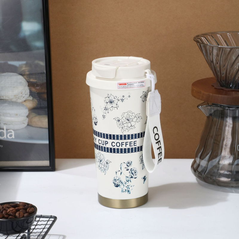 Lily of the Valley 316 din oțel inoxidabil, cană termo cu pai și bretea de purtare, cadou cafea cu logo personalizat