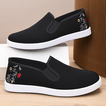 Pantofi de pânză negri pentru bărbați, cu broderie – slip-on, casual pentru plimbări