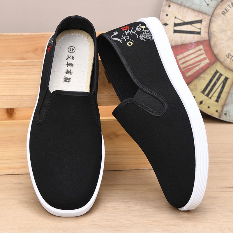 Pantofi de pânză negri pentru bărbați, cu broderie – slip-on, casual pentru plimbări