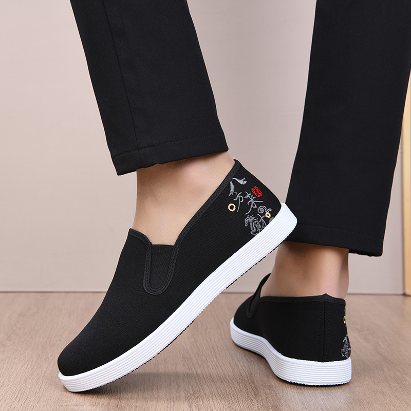 Pantofi de pânză negri pentru bărbați, cu broderie – slip-on, casual pentru plimbări