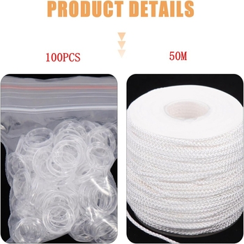Accesorii pentru perdele, șnur alb 1,8 mm, 50 m, inele romane transparente, 100 buc