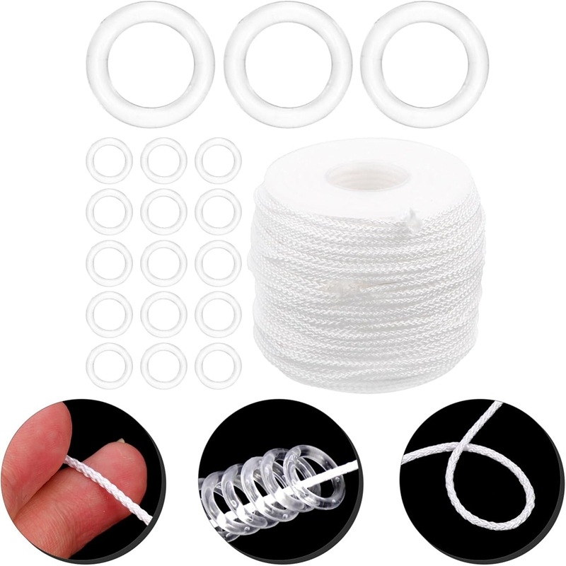 Accesorii pentru perdele, șnur alb 1,8 mm, 50 m, inele romane transparente, 100 buc