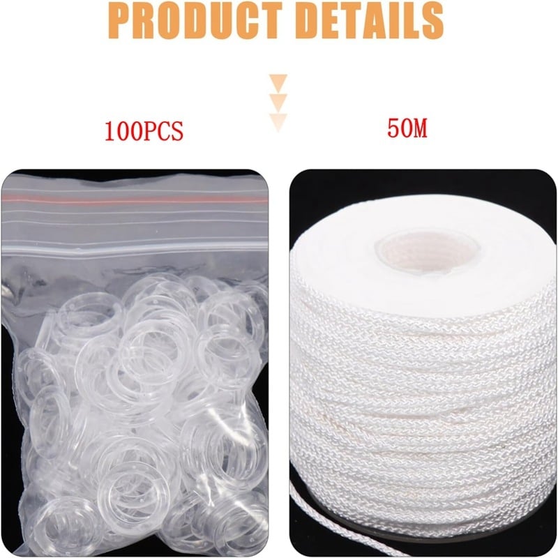 Accesorii pentru perdele, șnur alb 1,8 mm, 50 m, inele romane transparente, 100 buc