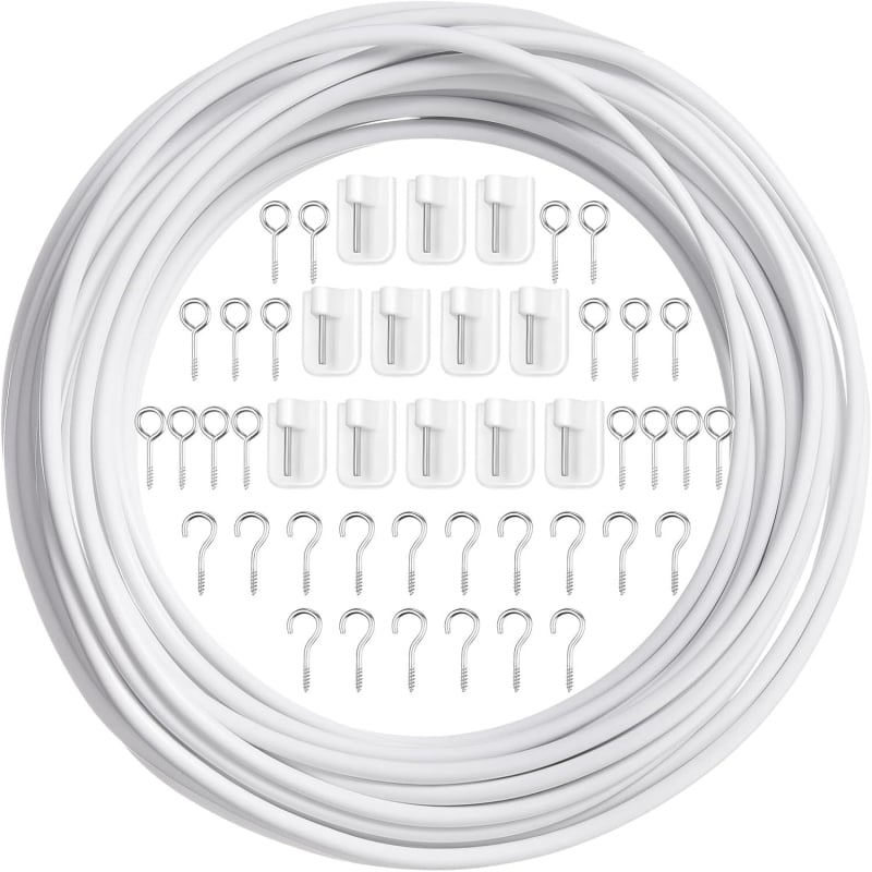 Hai yiming Set accesorii pentru perdea — Negru, șnur elastic de 12 m, 16 inele cu ochi de oaie, 16 cârlige cu formă de semn de întrebare, 12 cârlige albe mici