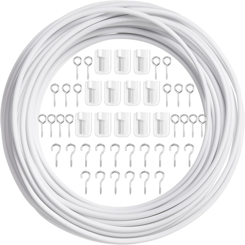 Hai yiming Set accesorii pentru perdea — Negru, șnur elastic de 12 m, 16 inele cu ochi de oaie, 16 cârlige cu formă de semn de întrebare, 12 cârlige albe mici