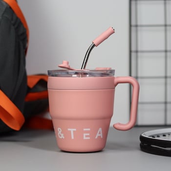 Cană termoizolantă pentru cafea cu mâner și pai, 480 ml, oțel inoxidabil, birou, stil modern
