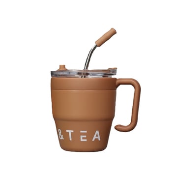 Cană termoizolantă pentru cafea cu mâner și pai, 480 ml, oțel inoxidabil, birou, stil modern