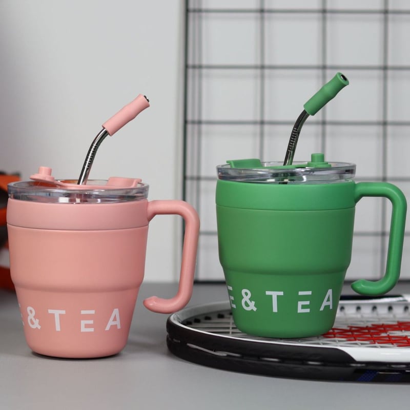 Cană termoizolantă pentru cafea cu mâner și pai, 480 ml, oțel inoxidabil, birou, stil modern