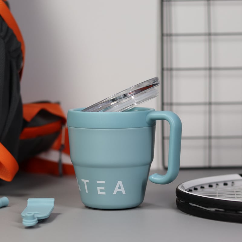 Cană termoizolantă pentru cafea cu mâner și pai, 480 ml, oțel inoxidabil, birou, stil modern
