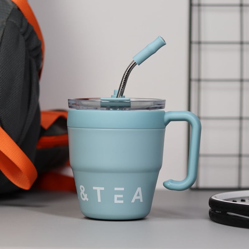 Cană termoizolantă pentru cafea cu mâner și pai, 480 ml, oțel inoxidabil, birou, stil modern