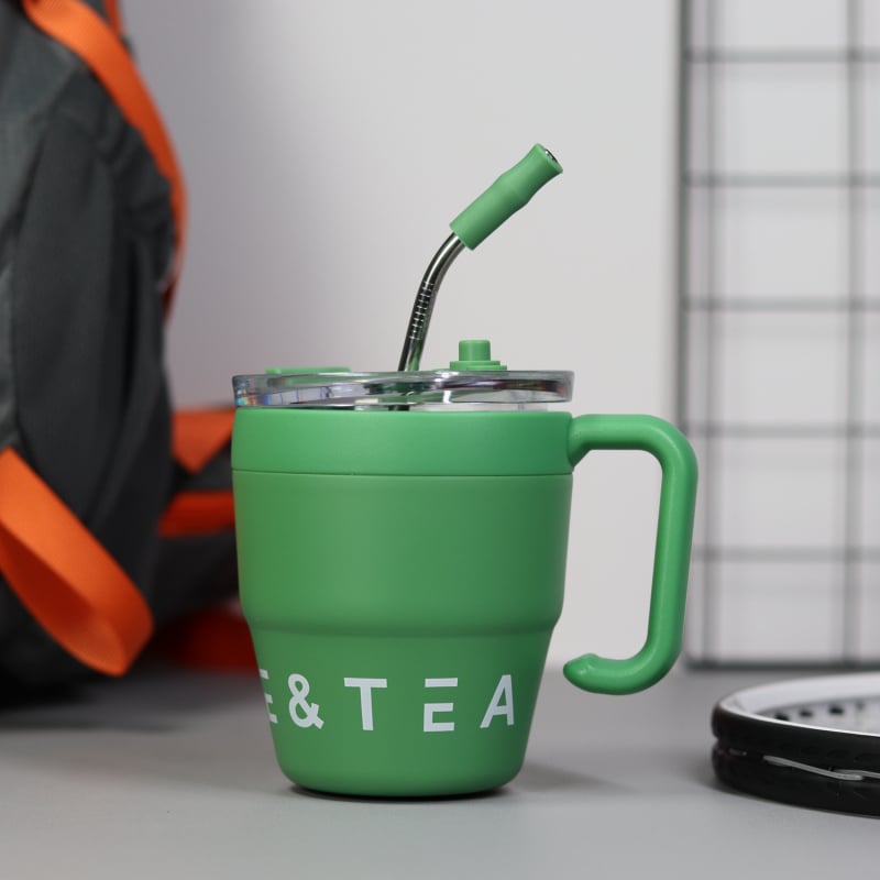Cană termoizolantă pentru cafea cu mâner și pai, 480 ml, oțel inoxidabil, birou, stil modern
