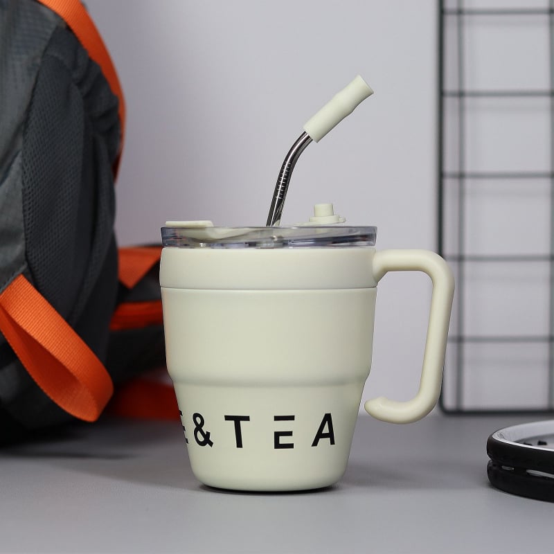 Cană termoizolantă pentru cafea cu mâner și pai, 480 ml, oțel inoxidabil, birou, stil modern