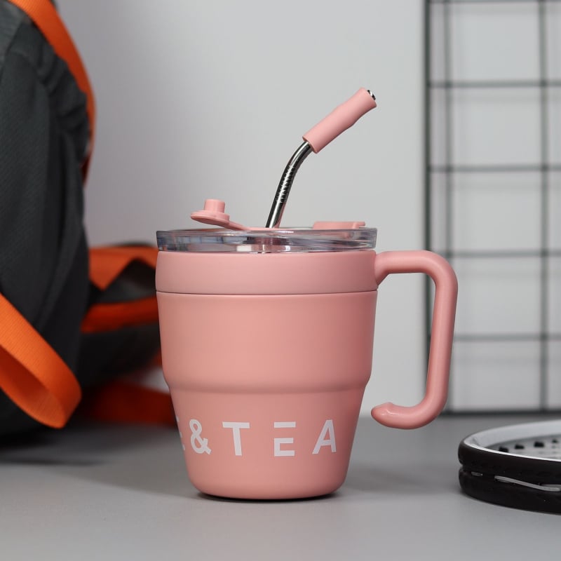 Cană termoizolantă pentru cafea cu mâner și pai, 480 ml, oțel inoxidabil, birou, stil modern
