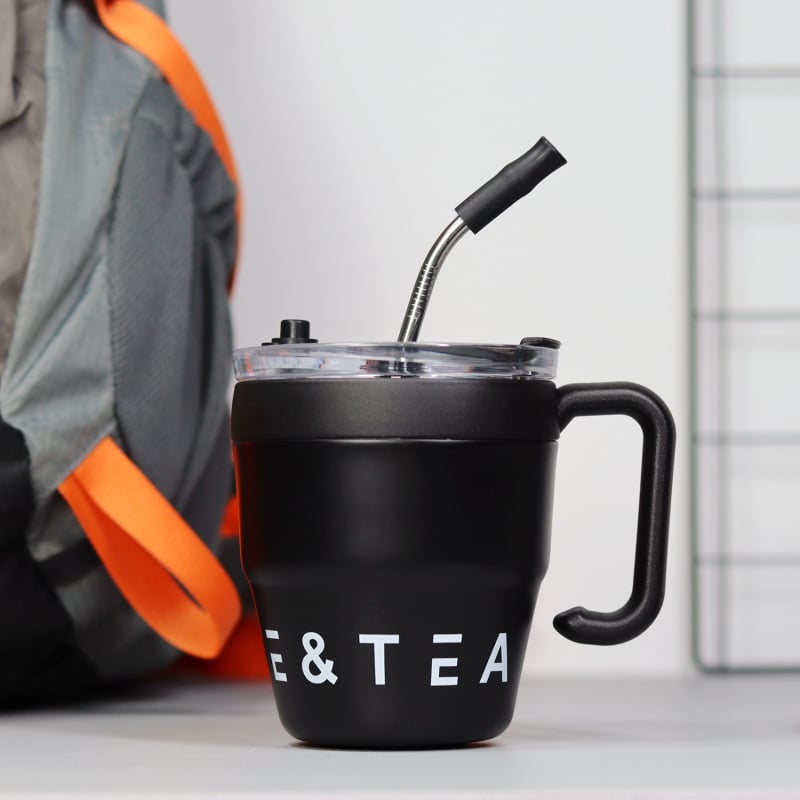 Cană termoizolantă pentru cafea cu mâner și pai, 480 ml, oțel inoxidabil, birou, stil modern