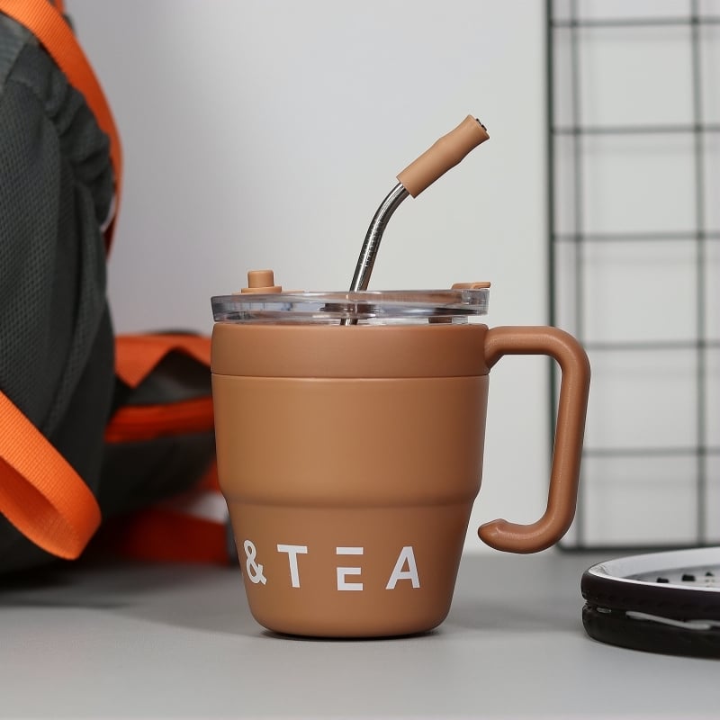 Cană termoizolantă pentru cafea cu mâner și pai, 480 ml, oțel inoxidabil, birou, stil modern