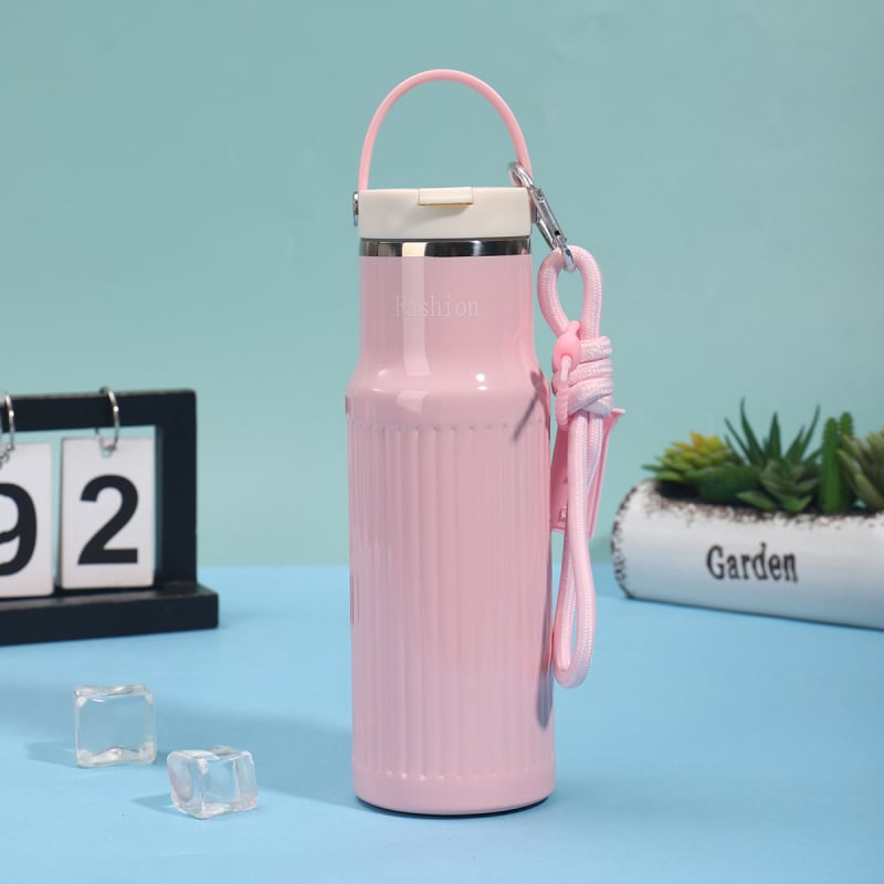 Ceașă izolată din oțel inoxidabil 316, capacitate mare, portabilă, cu pai, pentru birou, cafea cu finisaj în vene verticale.