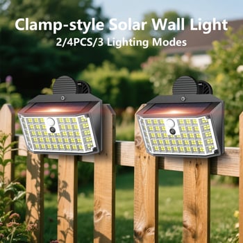 Lampă solară de perete cu clips pentru exterior, grădină, senzor de mișcare, 176 LED, IP65 impermeabilă