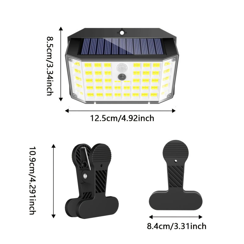 Lampă solară de perete cu clips pentru exterior, grădină, senzor de mișcare, 176 LED, IP65 impermeabilă