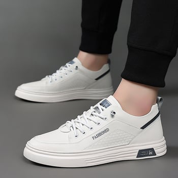 Pantofi bărbați din piele, casual de business, sneakers albi de gleznă joasă, talpă moale antiaderentă, stil coreean