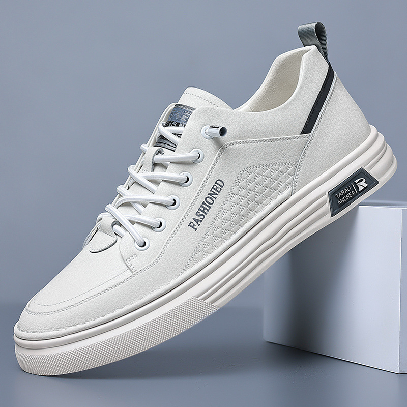 Pantofi bărbați din piele, casual de business, sneakers albi de gleznă joasă, talpă moale antiaderentă, stil coreean