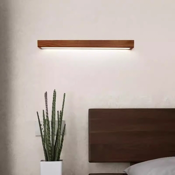 Lampă de perete din lemn masiv, lungă, în stil nordic-japonez, finisaj lemnos cald, iluminare pentru peretele din living în spatele canapelei și lampă de noptieră în dormitor
