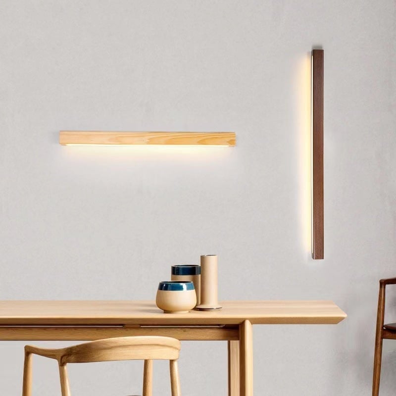 Lampă de perete din lemn masiv, lungă, în stil nordic-japonez, finisaj lemnos cald, iluminare pentru peretele din living în spatele canapelei și lampă de noptieră în dormitor