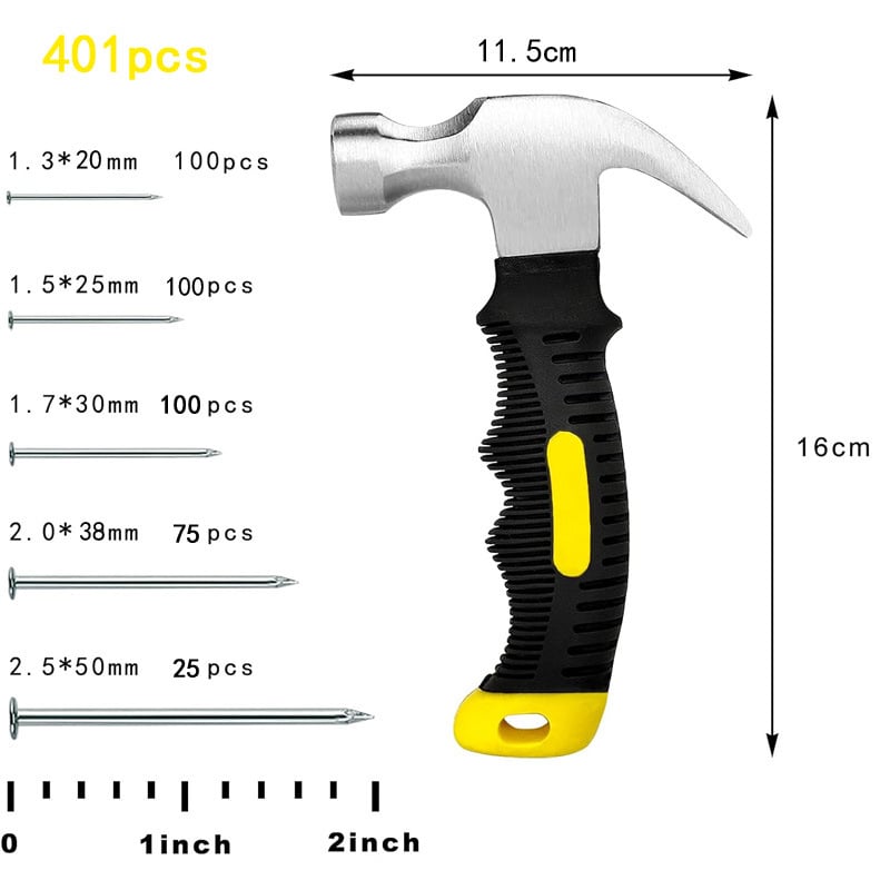 Set de cui pentru montaj, 401 bucăți – 5 dimensiuni, în cutie cu unelte – pentru plăci din lemn și rame