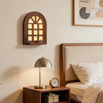 Lampă de perete în stil francez vintage, cu design de fereastră arcuită, inspirație Wabi-Sabi, poate servi ca raft, lampă din lemn masiv de nuc pentru hol și dormitor