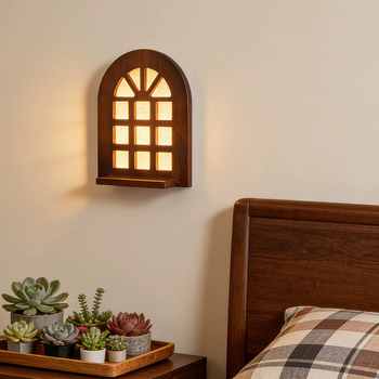 Lampă de perete în stil francez vintage, cu design de fereastră arcuită, inspirație Wabi-Sabi, poate servi ca raft, lampă din lemn masiv de nuc pentru hol și dormitor
