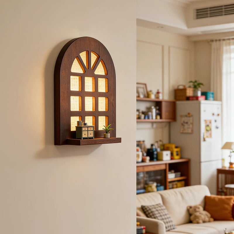 Lampă de perete în stil francez vintage, cu design de fereastră arcuită, inspirație Wabi-Sabi, poate servi ca raft, lampă din lemn masiv de nuc pentru hol și dormitor