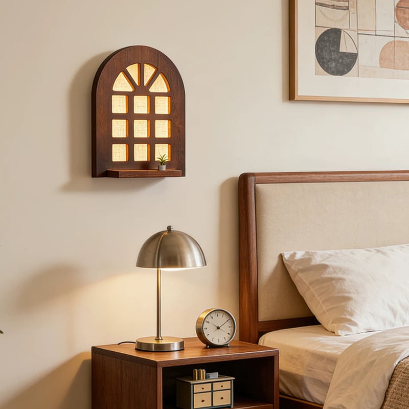 Lampă de perete în stil francez vintage, cu design de fereastră arcuită, inspirație Wabi-Sabi, poate servi ca raft, lampă din lemn masiv de nuc pentru hol și dormitor