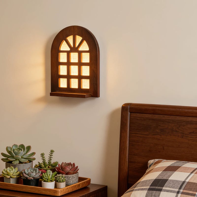 Lampă de perete în stil francez vintage, cu design de fereastră arcuită, inspirație Wabi-Sabi, poate servi ca raft, lampă din lemn masiv de nuc pentru hol și dormitor