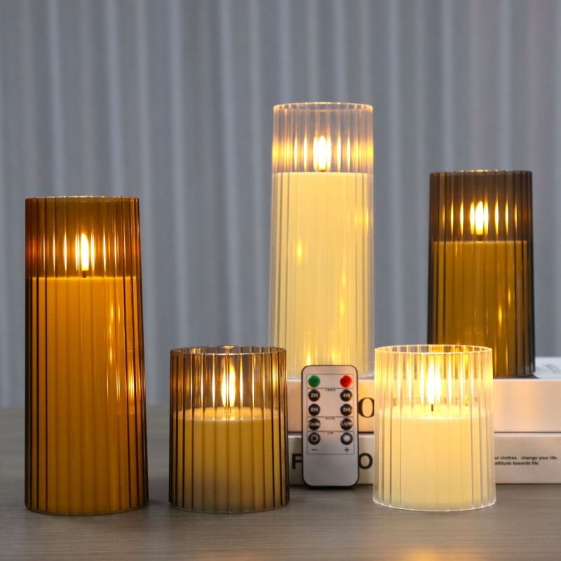 Set lumânări LED acrilice cu dungi verticale pentru masă, decor ambiental, telecomandă și temporizare