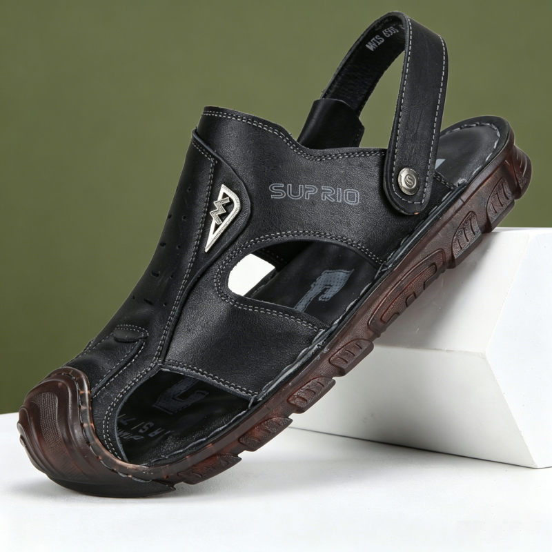 Sandale din piele naturală pentru bărbați, vară, respirante, vârf închis, sandale de plajă, talpă TPR, utilizare duală pentru condus și activități în aer liber