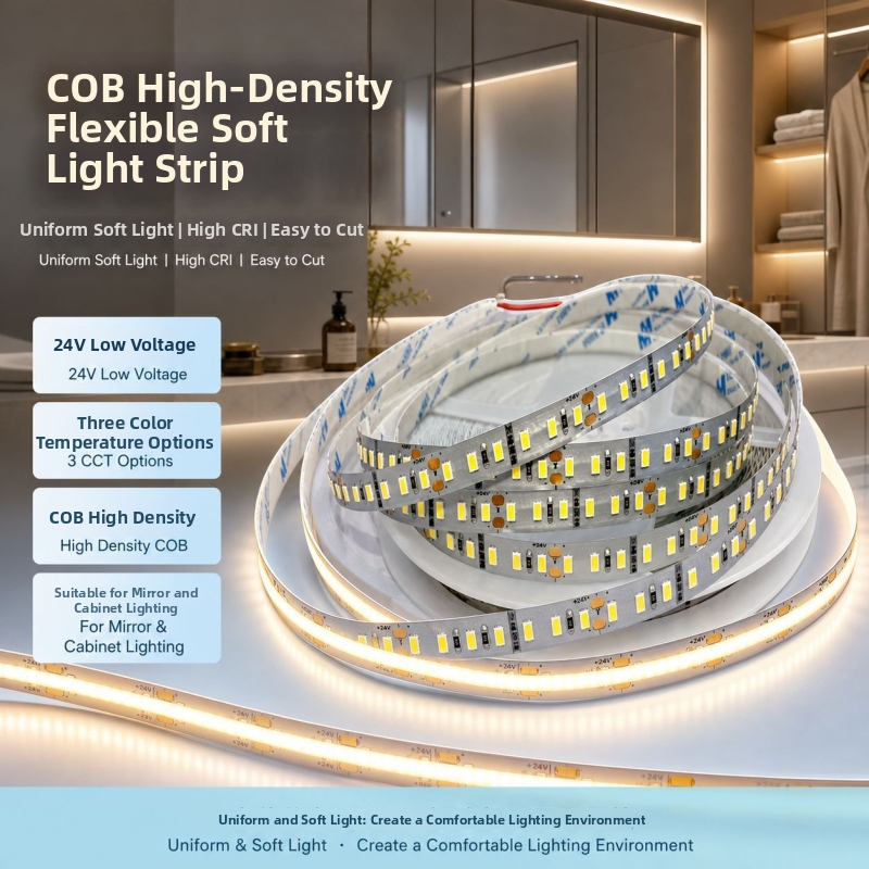 Flexibilný LED COB svetelný pás, 24V, trojfarebná teplota, inteligentné osvetlenie zrkadla do kúpeľne a skriniek