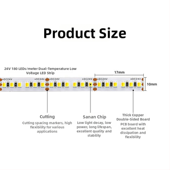 LED pásik s dvojfarebnou teplotnou reguláciou a trojfarebným stmievaním, 120/180 LED diód, 12/24V DC, medené montážne konzoly (5 mm/8 mm)