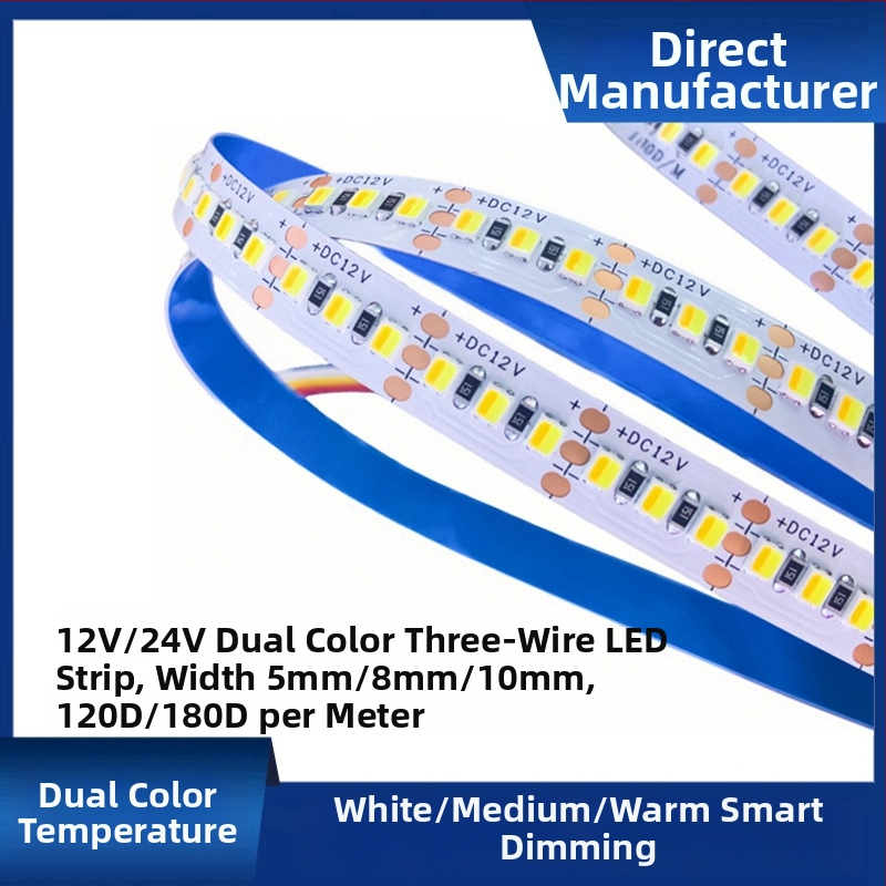 LED pásik s dvojfarebnou teplotnou reguláciou a trojfarebným stmievaním, 120/180 LED diód, 12/24V DC, medené montážne konzoly (5 mm/8 mm)