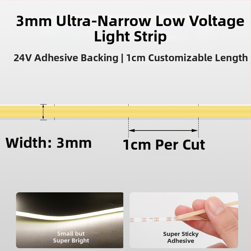 3 mm COB LED pásik, 24 V, trojfarebný flexibilný lineárny svetelný zdroj, stmievateľný s inteligentnou zmenou farby