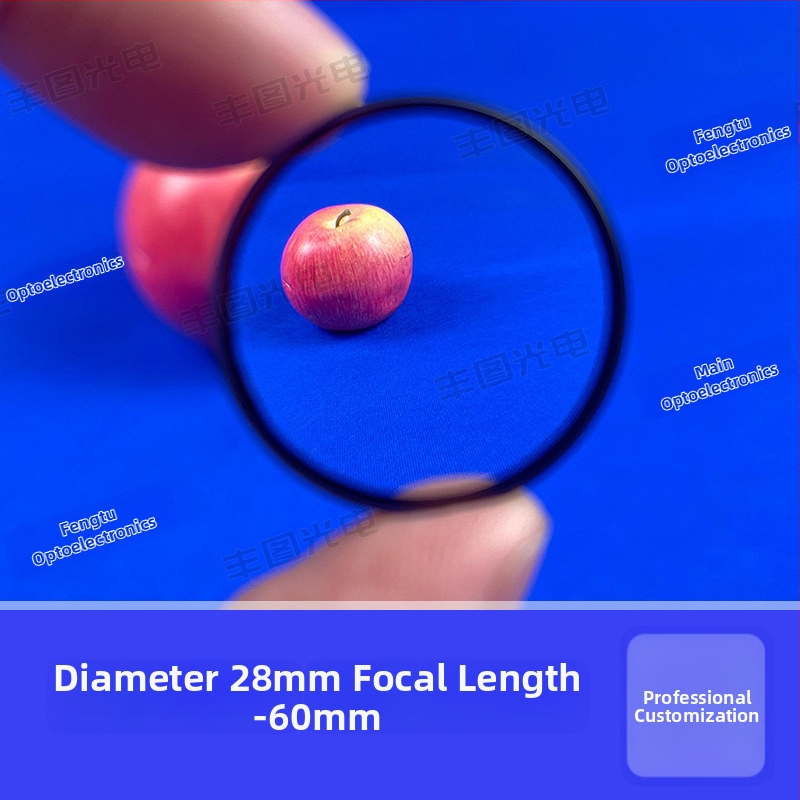 Konkávna šošovka, priemer 28 mm, ohnisková vzdialenosť −60 mm, optické sklo, dvojitá prizmatická šošovka pre študentské experimenty