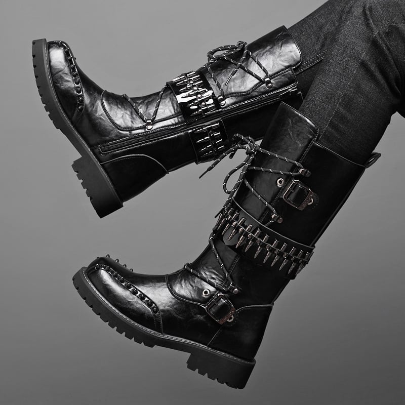 Ghete înalte din piele pentru bărbați, talpă groasă, stil rock-punk pentru scenă cu ținte, model 8802
