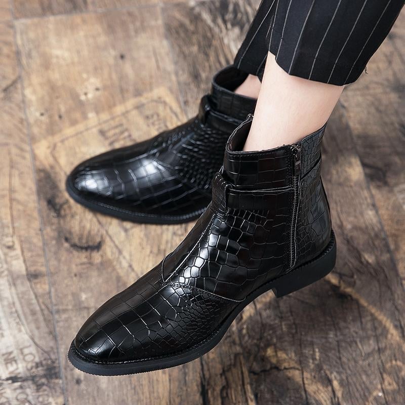 Ghete pentru bărbați din piele PU cu fermoar lateral, înalte, stil formal-casual, vârf ascuțit