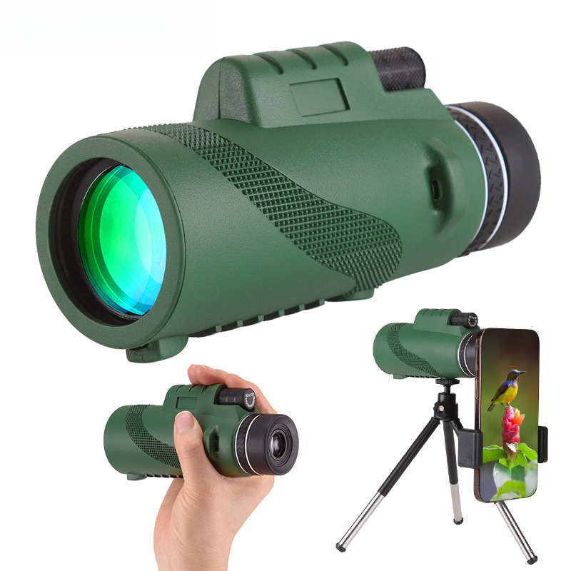 Zöld monokuláris távcső, 10x nagyítás, kiváló HD optika, kültéri madármegfigyelésre és fényképezésre, könnyen hordozható.