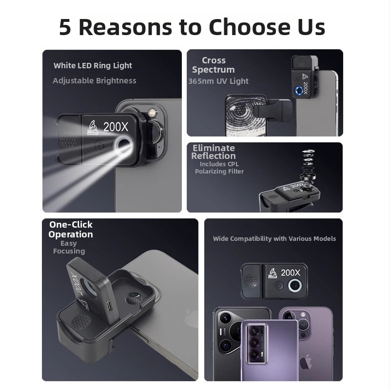 Sun Fire microscop clip USB, 200x, HD, portabil pentru telefon, lumină UV albă pentru identificarea diamantelor