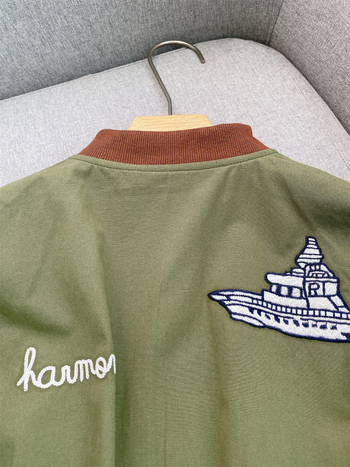 Geacă baseball brodată verde militar, cu guler din corduroy, haină de lucru vintage pentru femei, elegantă și versatilă