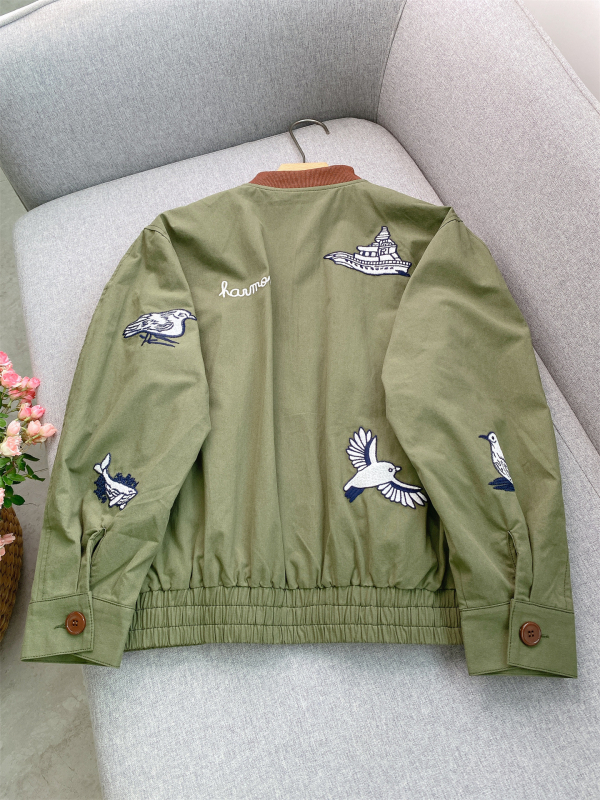 Geacă baseball brodată verde militar, cu guler din corduroy, haină de lucru vintage pentru femei, elegantă și versatilă