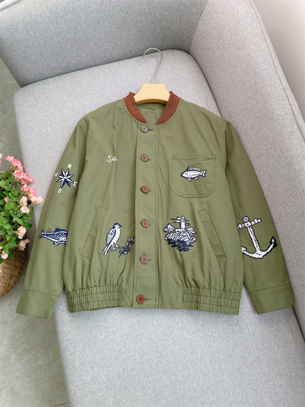Geacă baseball brodată verde militar, cu guler din corduroy, haină de lucru vintage pentru femei, elegantă și versatilă