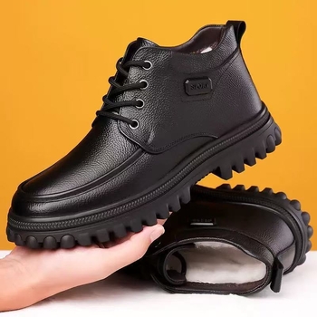 Pantofi din piele pentru bărbați, iarnă, înălți la gleznă, căptușeală de fleece, ghete de zăpadă cu talpă groasă