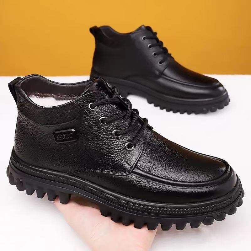 Pantofi din piele pentru bărbați, iarnă, înălți la gleznă, căptușeală de fleece, ghete de zăpadă cu talpă groasă