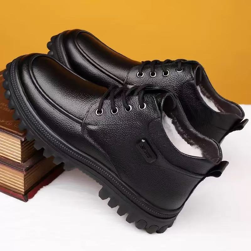 Pantofi din piele pentru bărbați, iarnă, înălți la gleznă, căptușeală de fleece, ghete de zăpadă cu talpă groasă